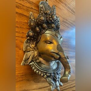 Solid Brass Ganesh Mask wall hanging art handcrafted in India, 2lbs 4 oz.